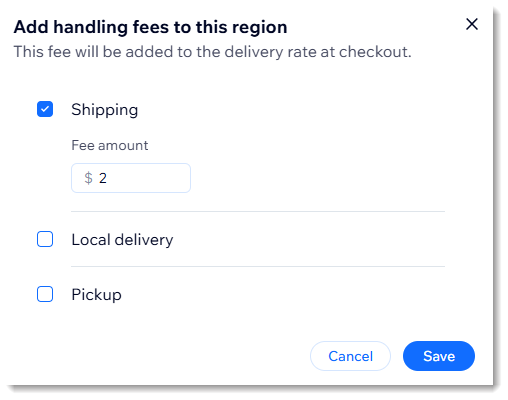 취급 수수료 추가 설정을 보여주는 Wix 쇼핑몰의 Wix 배송 페이지 스크린샷