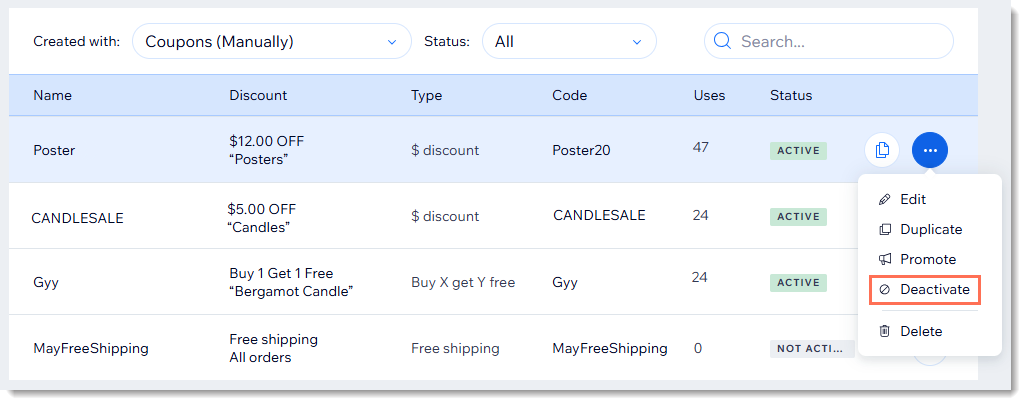 Screenshot of the coupon page in Wix showing how to deactivate a coupon