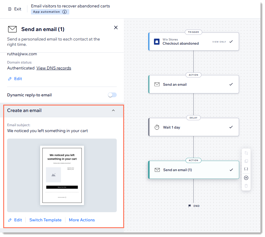 Terk edilmiş sepet otomasyonunu düzenleme, 'e-posta gönder' eylemine tıklama ve e-postayı düzenleme seçeneklerini vurgulama