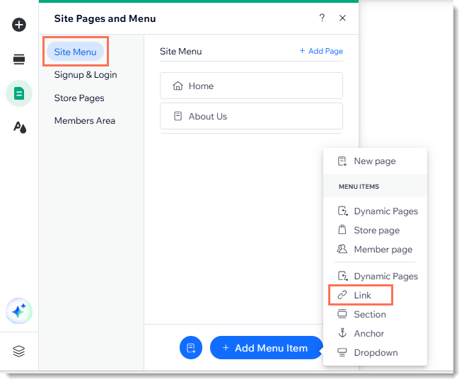 Screenshot of Pages & Menu in the Editor, with the page link option outlined