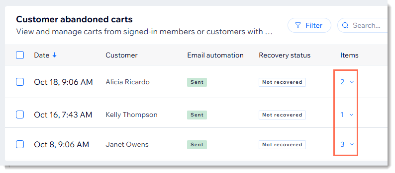 Wix Stores'daki her sepetten terk edilen ürün sayısının gösterildiği Sepetteki Sepet sayfasının ekran görüntüsü
