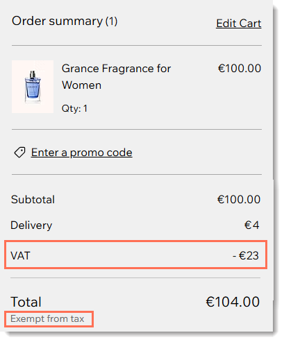 Screenshot of the Order Summary in a Wix store where a customer is exempt from sales tax.