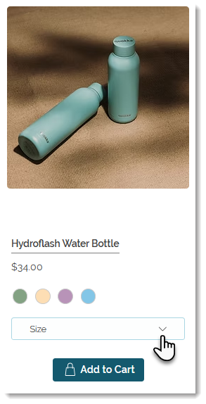 Screenshot of a product in Wix Stores with the text product options displayed in a drop-down menu.