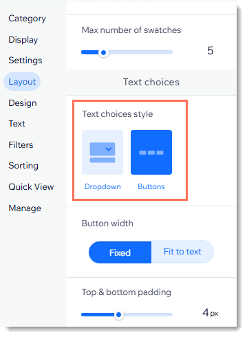 Screenshot of the settings panel in Wix Stores where you can  select the text choices style.