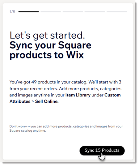 Square POS と Wix ストアの連携画面の 1つのスクリーンショット
