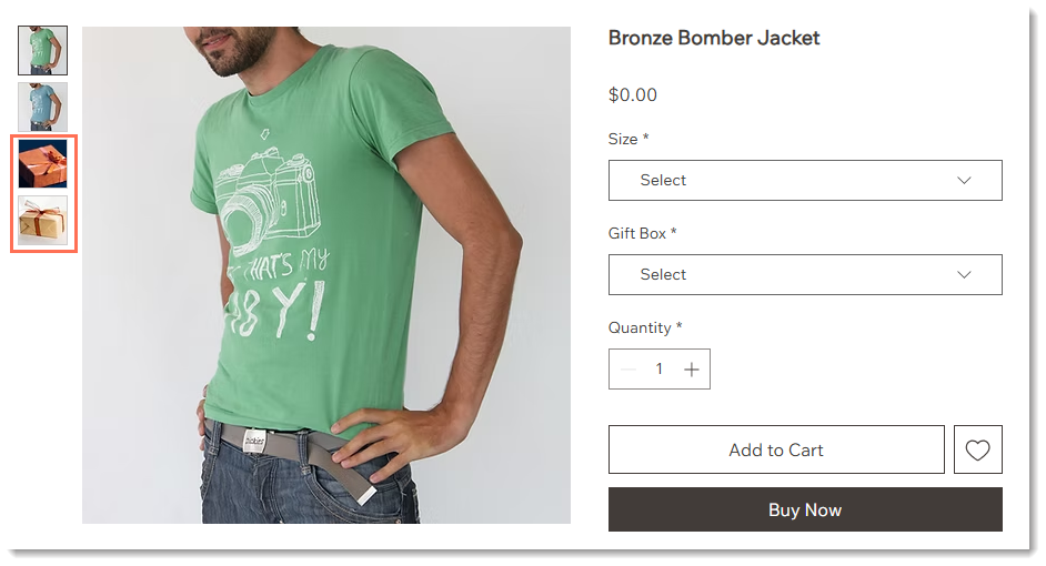 Captura de pantalla de un producto que tiene imágenes conectadas a modificadores de opciones en Wix Stores.