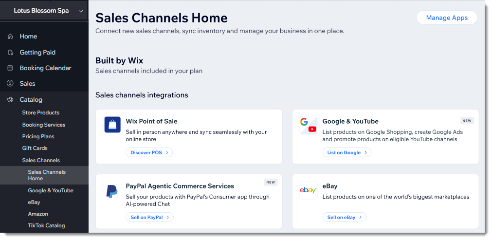 Screenshot of the sales channels tab in the Wix dashboard with PayPal Agentic Commerce indicated