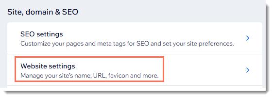 Screenshot of part of the Settings page in a Wix Site. The Website settings are outlined
