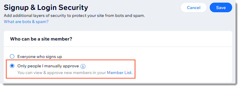 Screenshot of the Signup & Login Security page in the Wix dashboard setting where you choose to manually approve new members