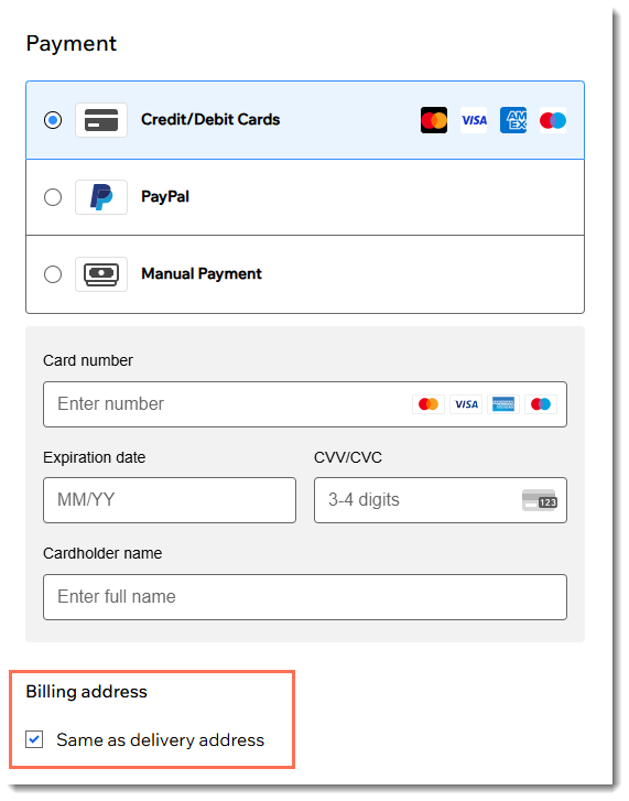 Screenshot of part of the Checkout page in a Wix site showing the 'Same as delivery address' checkbox