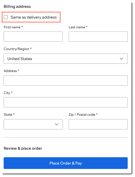 Screenshot of the billing address fields in the Checkout page in a Wix site