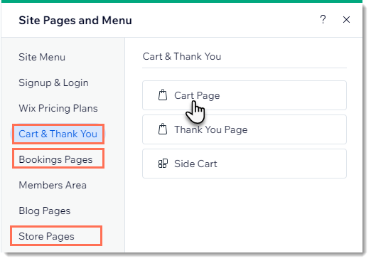 Screenshot of Pages & Menu showing access points to the Cart Page