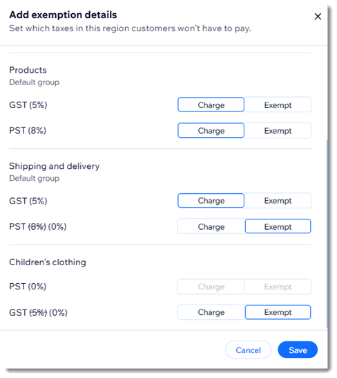 Screenshot des Pop-ups für die Steuerbefreiung von Gruppen