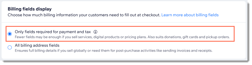 Screenshot of part of the page in the Wix dashboard where you can customize the billing address fields.