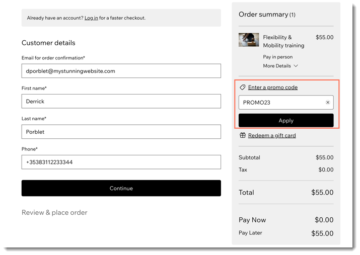 A screenshot showing how clients enter a coupon code at checkout.