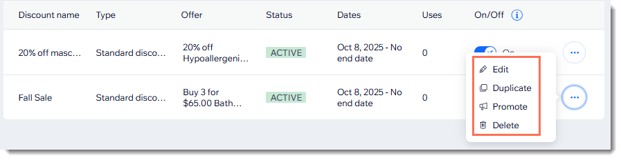 Screenshot of a list of automatic discounts in the Wix dashboard, showing how to  edit, duplicate, promote or delete them.