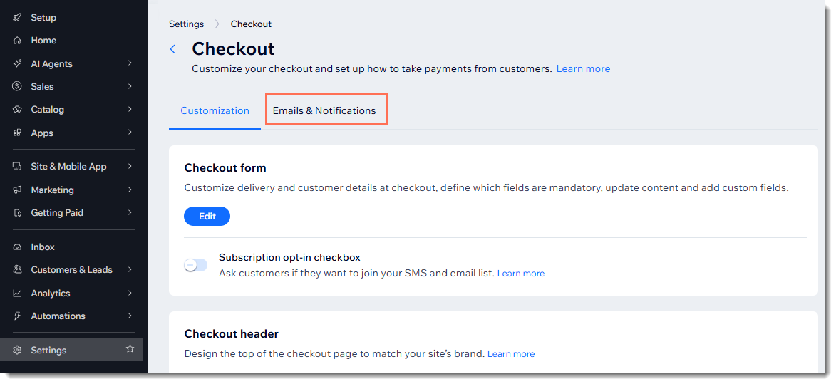 Screenshot of the Checkout settings with the Edit Emails button outlined