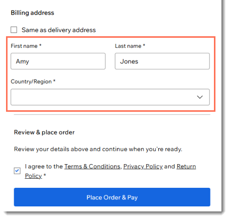 Screenshot of billing address fields in a Wix site.