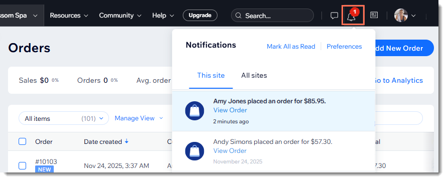 Screenshot showing how a Wix Stores merchant can view notifications in the dashboard
