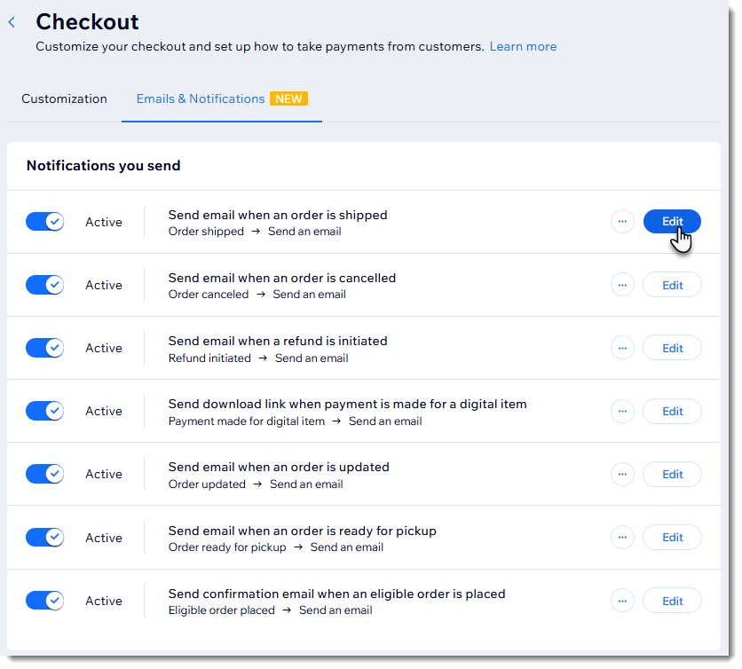 Screenshot of the Emails & Notifications settings page with the Edit button indicated.