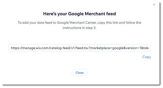 Screenshot of the window that lets you copy your site's data feed URL
