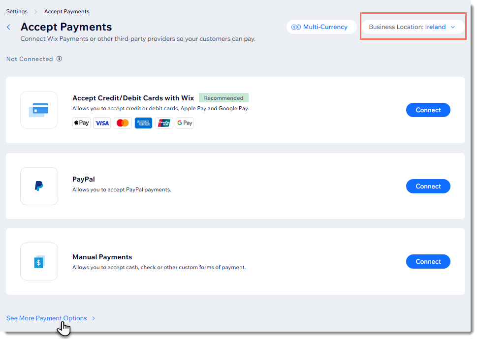Wix kontrol panelindeki Ödeme Kabul Edin sayfasının ekran görüntüsü.