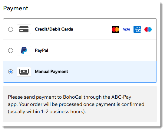 Manuel yöntemin seçili olduğu örnek bir Wix sitesinin ödeme sayfasındaki ödeme bölümünün ekran görüntüsü