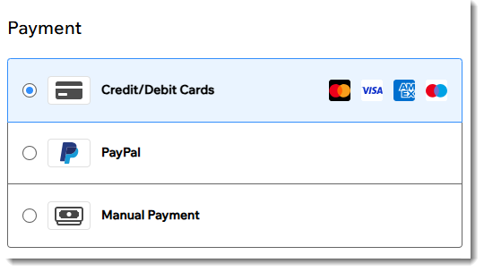 Örnek bir Wix sitesinin ödeme sayfasındaki ödeme bölümünün ekran görüntüsü.