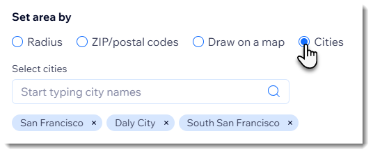 Screenshot di una parte della configurazione della consegna locale su un negozio Wix