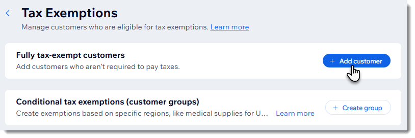 Screenshot of the tax exemption page in Wix with the Add customer button indicated