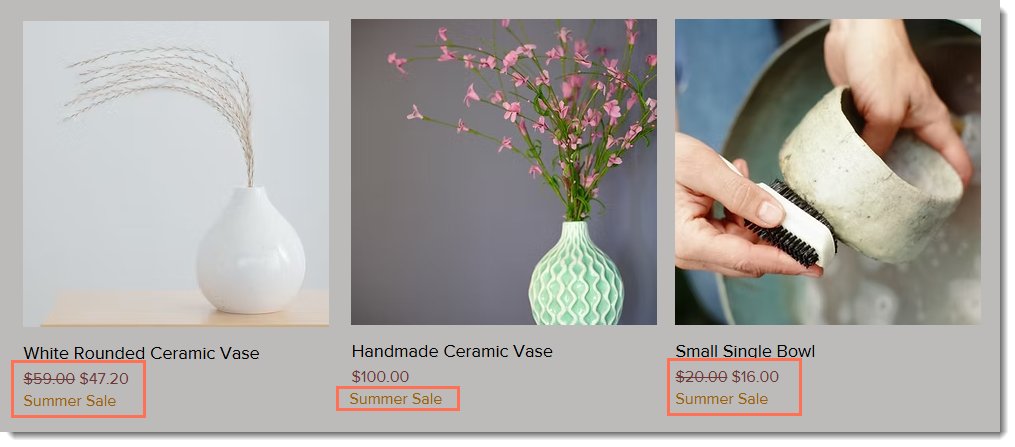 Screenshot of the products with discounts  outlined on a Wix site
