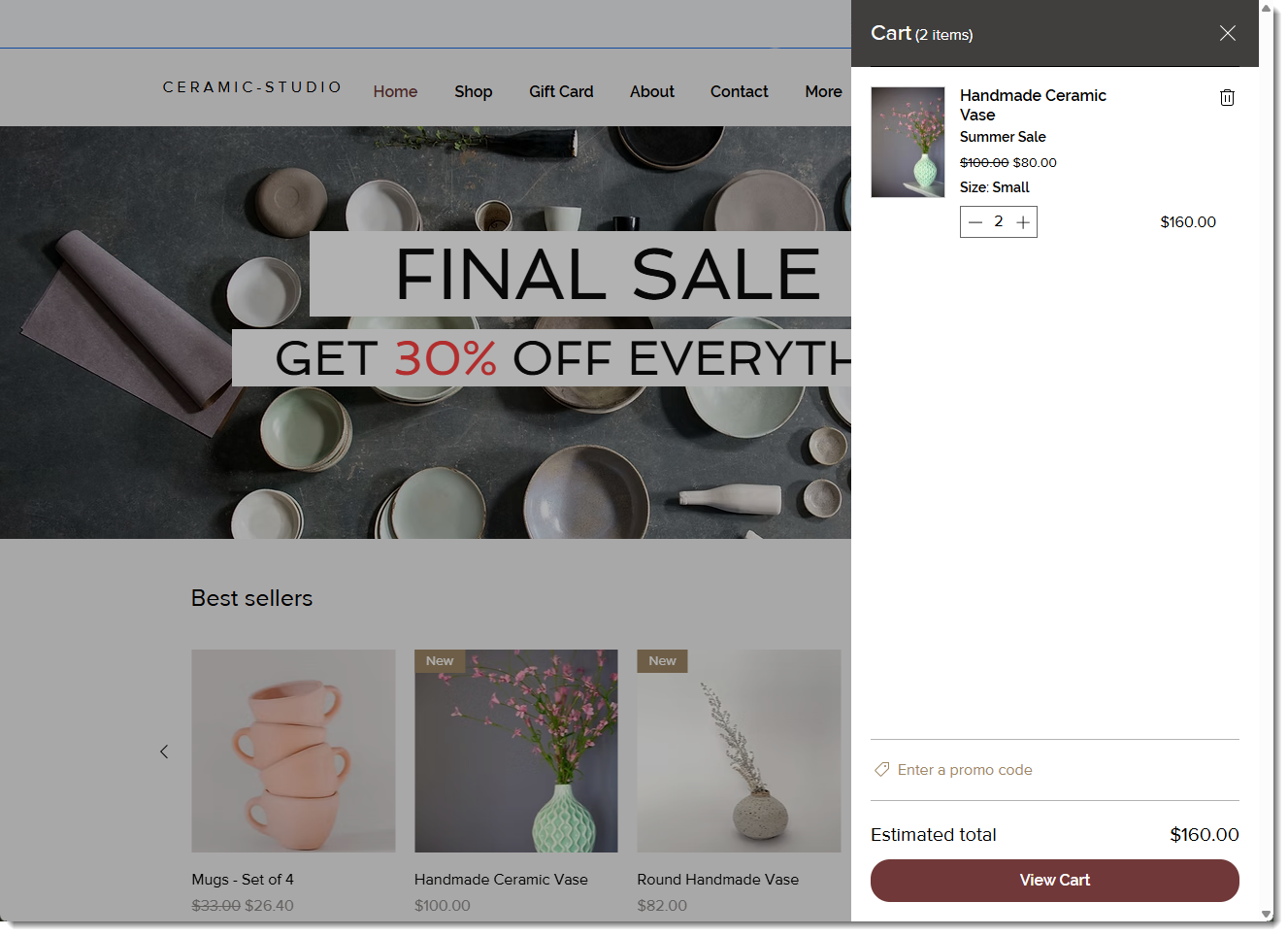 Screenshot of the side cart in a Wix site.