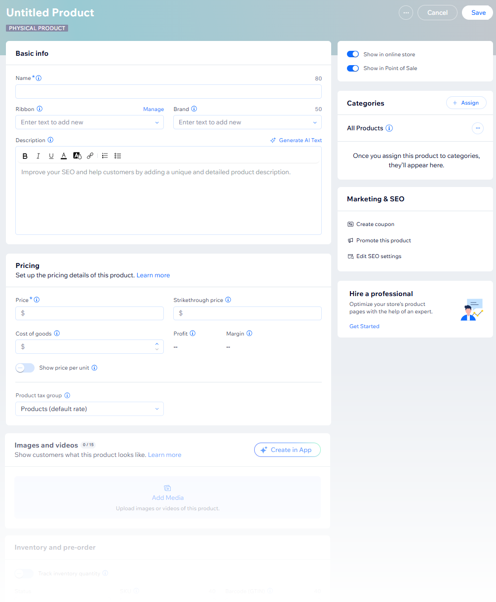 Screenshot of the page in Wix Stores where you create a product