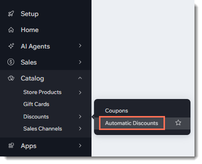 Screenshot showing how to navigate to automatic discounts in the Wix dashboard.