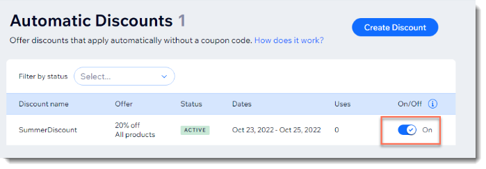 Screenshot of the automatic discount list in the dashboard with the on/off toggle outlined