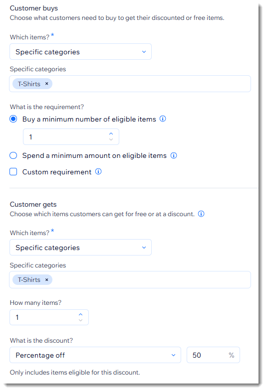Screenshot of the page where you create a Buy X get Y automatic discount in Wix
