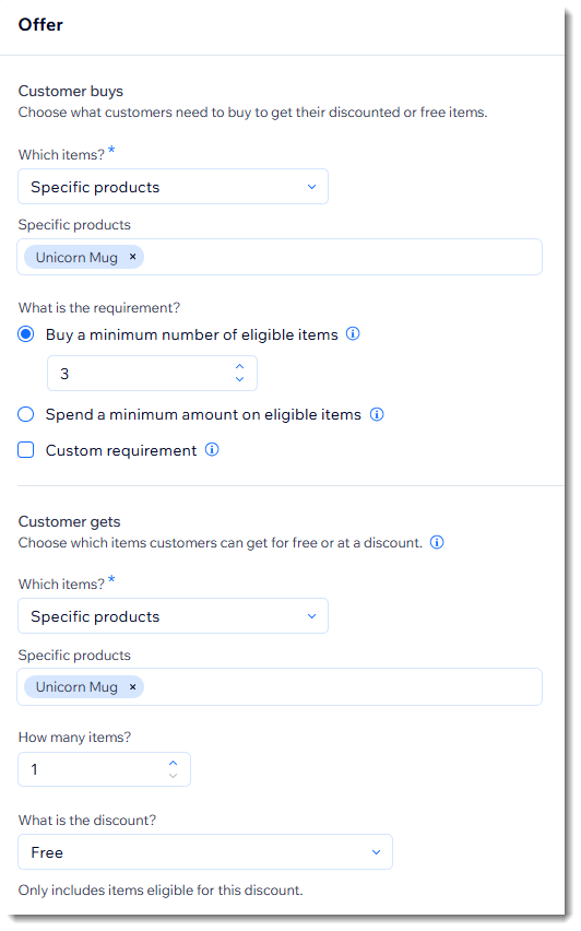 Screenshot of the page where you create a Buy X get Y automatic discount in Wix