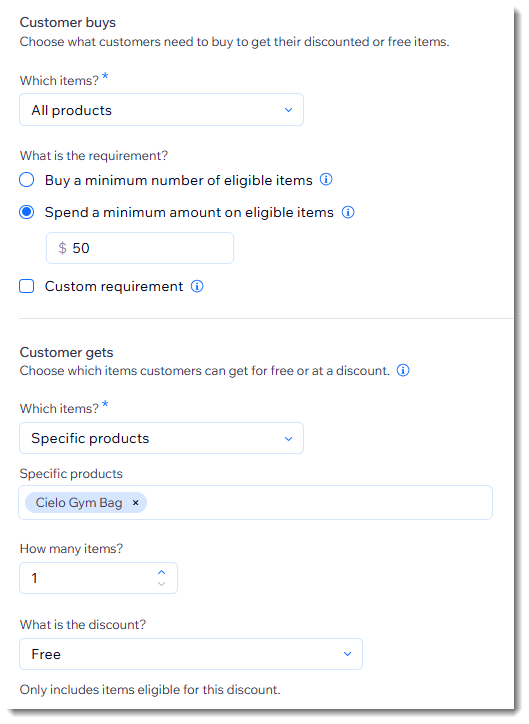 Screenshot of the page where you create a Buy X get Y automatic discount in Wix