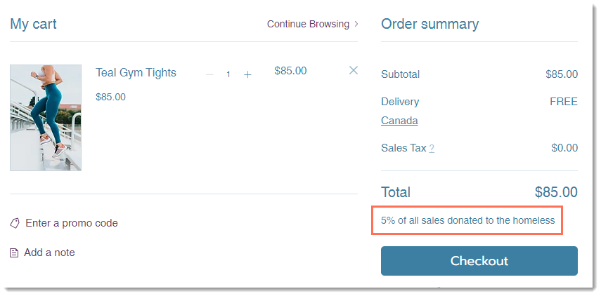 Screenshot of the Cart Page in a Wix site with the disclaimer text outlined