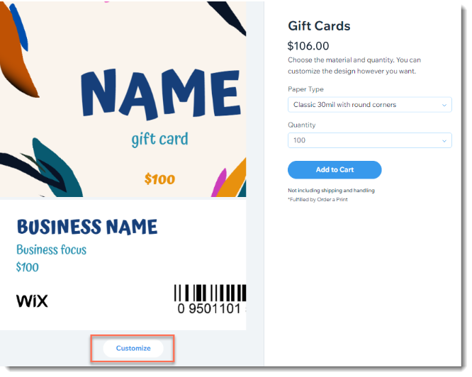 Screenshot of the screen in the Wix dashboard where you can create physical gift cards.