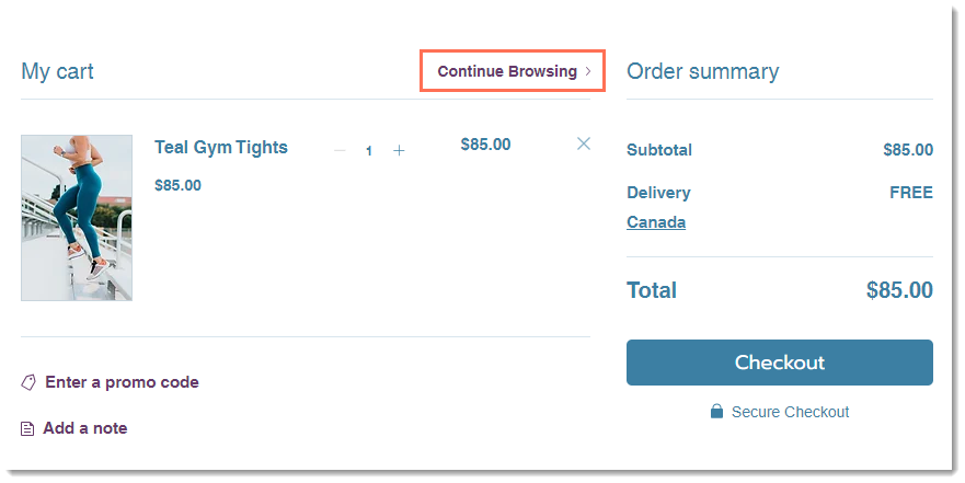 Screenshot of the cart page with the Continue Browsing link outlined