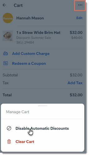 Screenshot of the cart at a mobile POS in Wix with the Disable Automatic Discounts option outlined