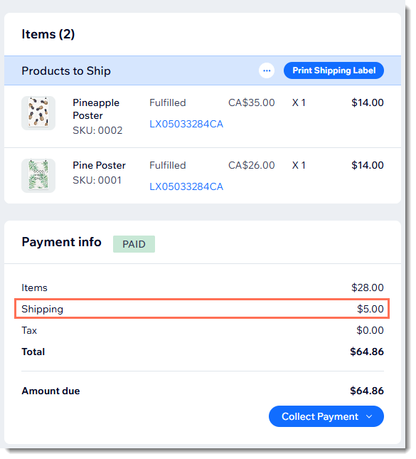 Screenshot of part of an order in the dashboard in Wix Stores