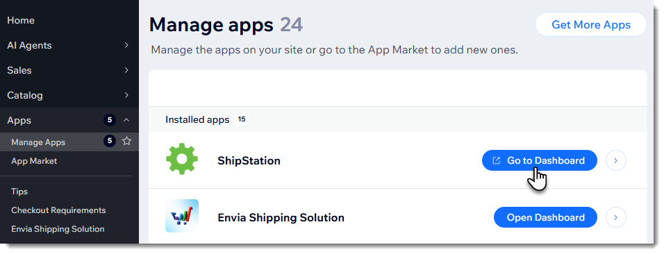 Screenshot van de Apps beheren-pagina op het Wix-dashboard