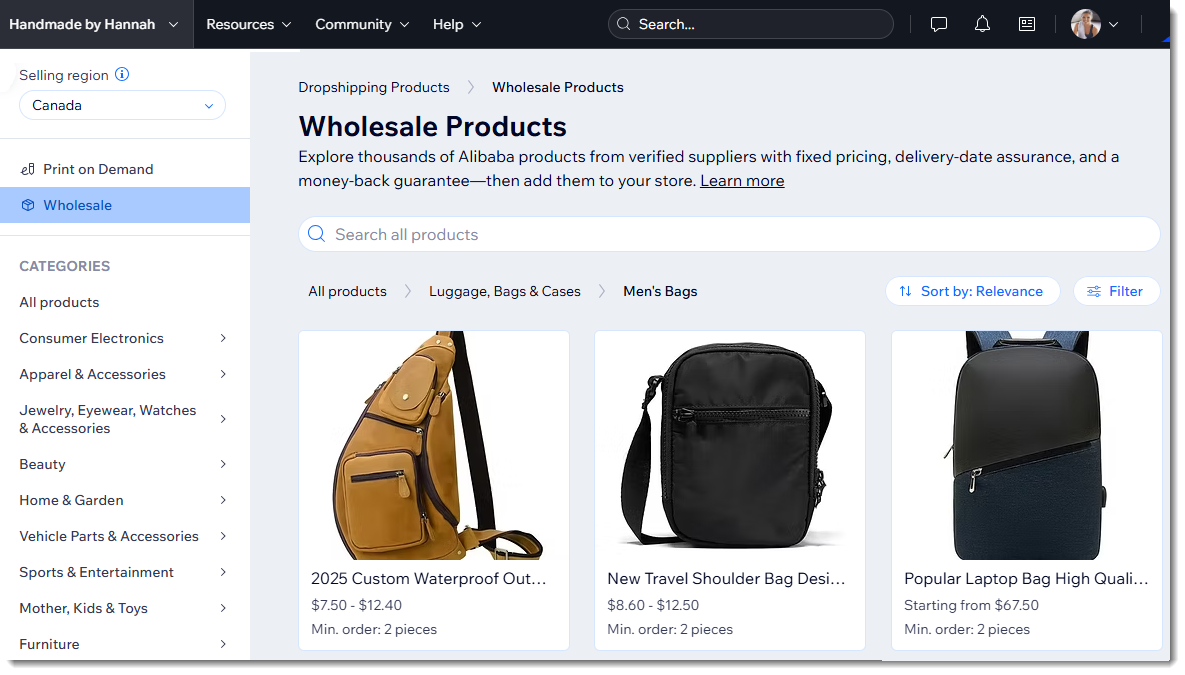 Screenshot of the wholesale products page in the Wix dashboard.