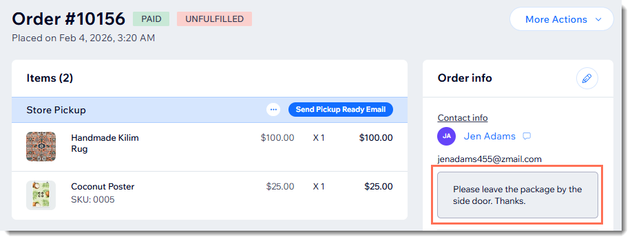 Screenshot of part of an order in the Orders tab with a customer note outlined