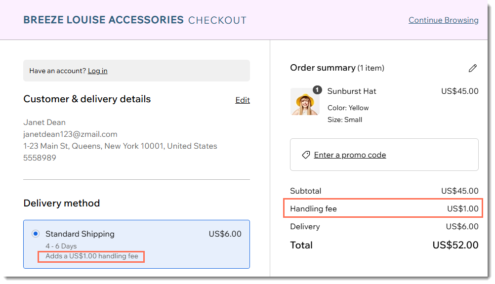 취급 수수료가 윤곽선으로 표시된 Wix 사이트의 체크아웃 페이지 스크린샷