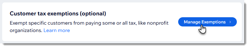 Screenshot of the entry point to the tax exemption page in Wix.