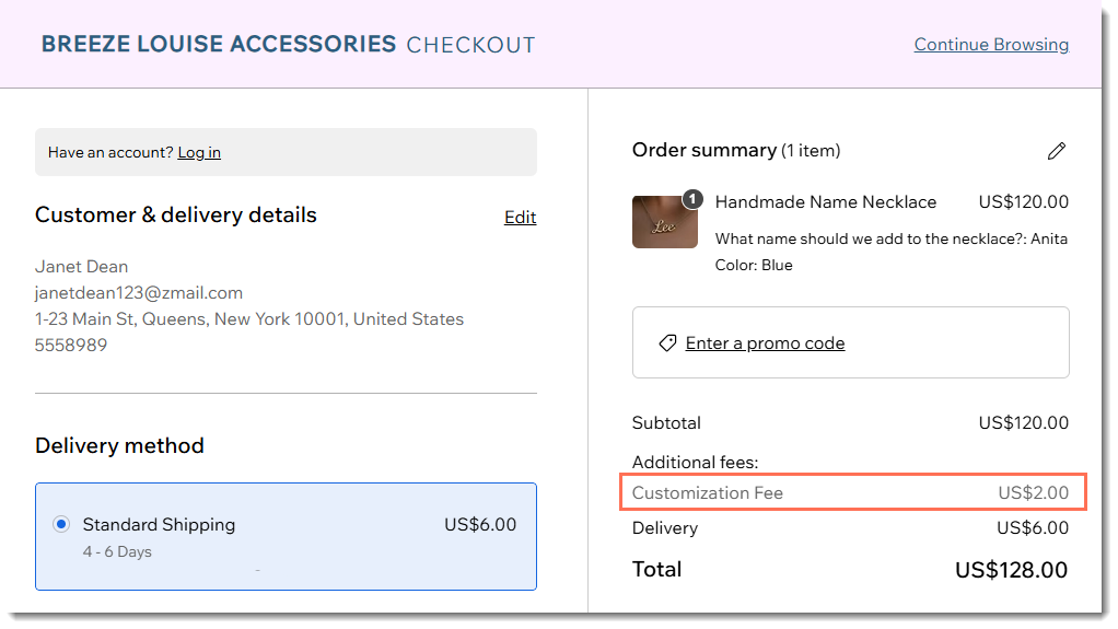 Screenshot of the Checkout page in a Wix site showing an order with an additional fee added.