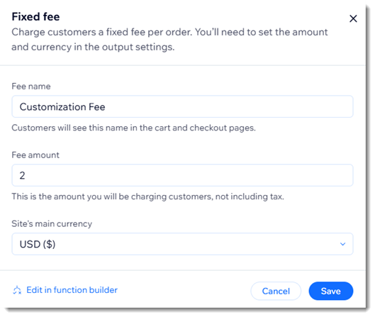 Screenshot of the window where you can add an additional fee to checkout in a Wix site.